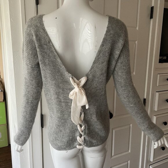 Sezane Sweater Super Kid Mohair Baby Alpaca Gray Lace Up Back Coquette Small - Picture 2 of 14